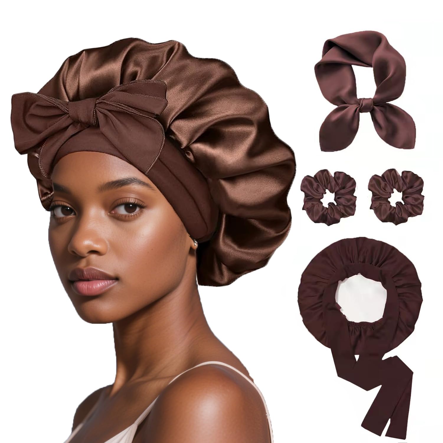 Photo 1 of 69.99Double-Layer Satin Sleeping Bonnet for Women with Adjustable Elastic Band - Non Slip Night Cap for Natural/Curly Hair, Includes 2 Scrunchies & Scarf, Prevents Frizz & Breakage