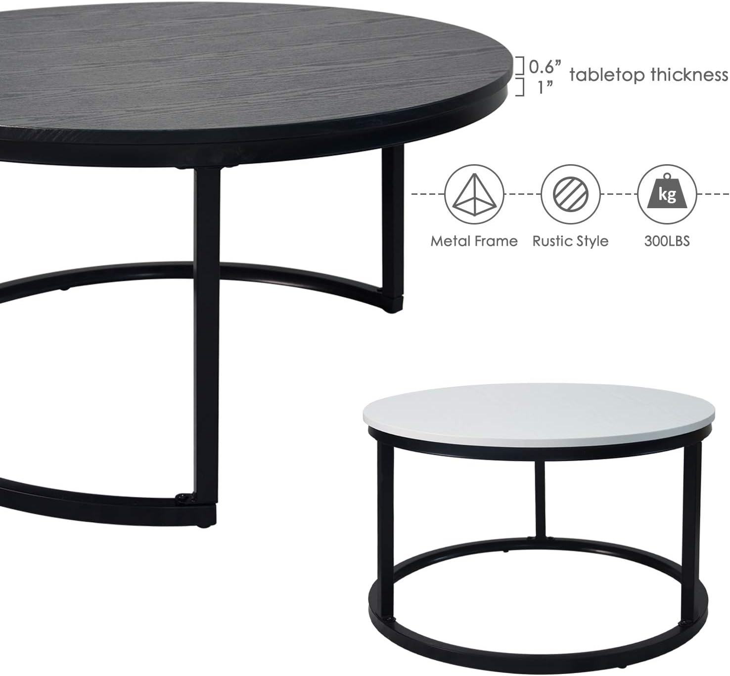 charaHOME Round Coffee Tables,2 Round Nesting Table Set Circle Coffee Table with Storage Open Shelf for Living Room Modern Minimalist Style Furniture Side End Table of Stable(Black & White): Kitchen & Dining