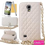 Galaxy S4 Case,OMIU(TM)Luxury Fashion Camellia Pendant Rhombus Handbag Metal Chain Style Superior Soft PU Leather Grid Purse Wallet Case Cover For Samsung Galaxy S4 i9500(White),Sent Screen Protector+Stylus+Cleaning Cloth