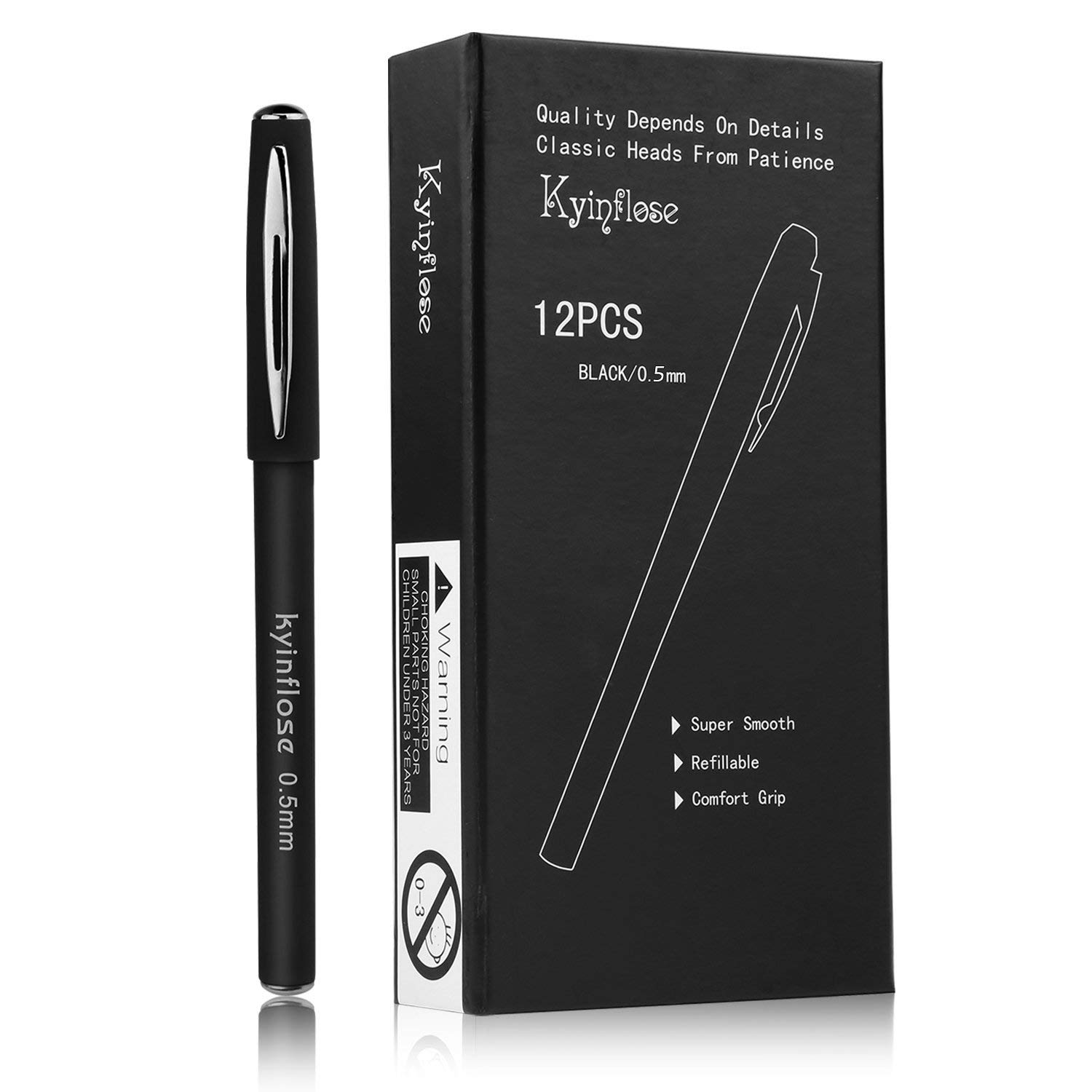 Kyinflose Pens, Smooth Gel Ink Roller Ball Pens, Fine Point, Black, 12-Pack (0.5mm)