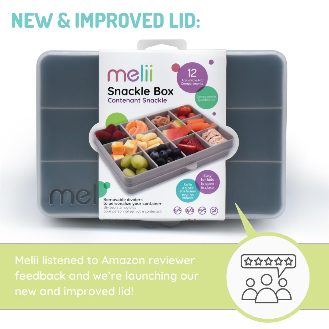melii Snackle Box – 12-Compartment Divided Snack Container, BPA-Free Food Storage, Removable Dividers, Perfect for Kids Snacks, Arts & Crafts, Beads, and Kitchen Organization (Grey)
