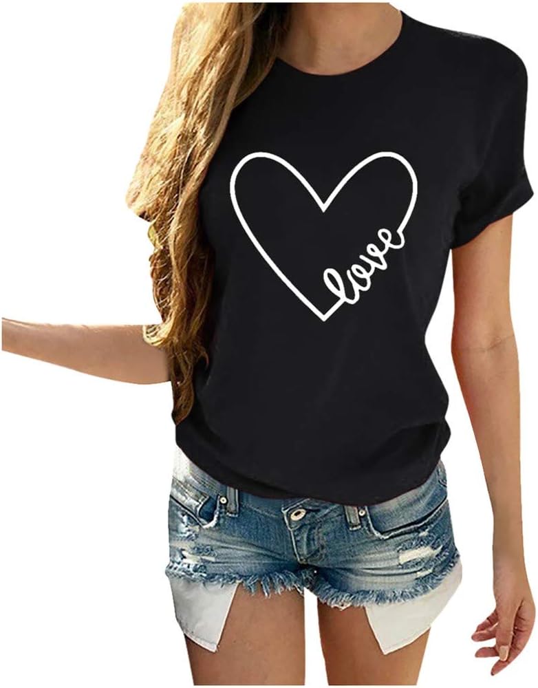 Heart Shirt Top Womens Valentine's Day T Shirt Short Sleeve Mother's Day Graphic Print Tee