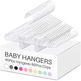 Hsei 5/10/40 Pack Baby Hangers with 10/20/80 Clips, Plastic Kids Pants Hangers for Nursery Closet Top and Bottom Clothes Hanger Set for Newborn Infant Toddler(120 Packs Total,White,10.6 Inch)