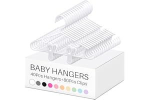 Hsei 5/10/40 Pack Baby Hangers with 10/20/80 Clips, Plastic Kids Pants Hangers for Nursery Closet Top and Bottom Clothes Hanger Set for Newborn Infant Toddler(120 Packs Total,White,10.6 Inch)