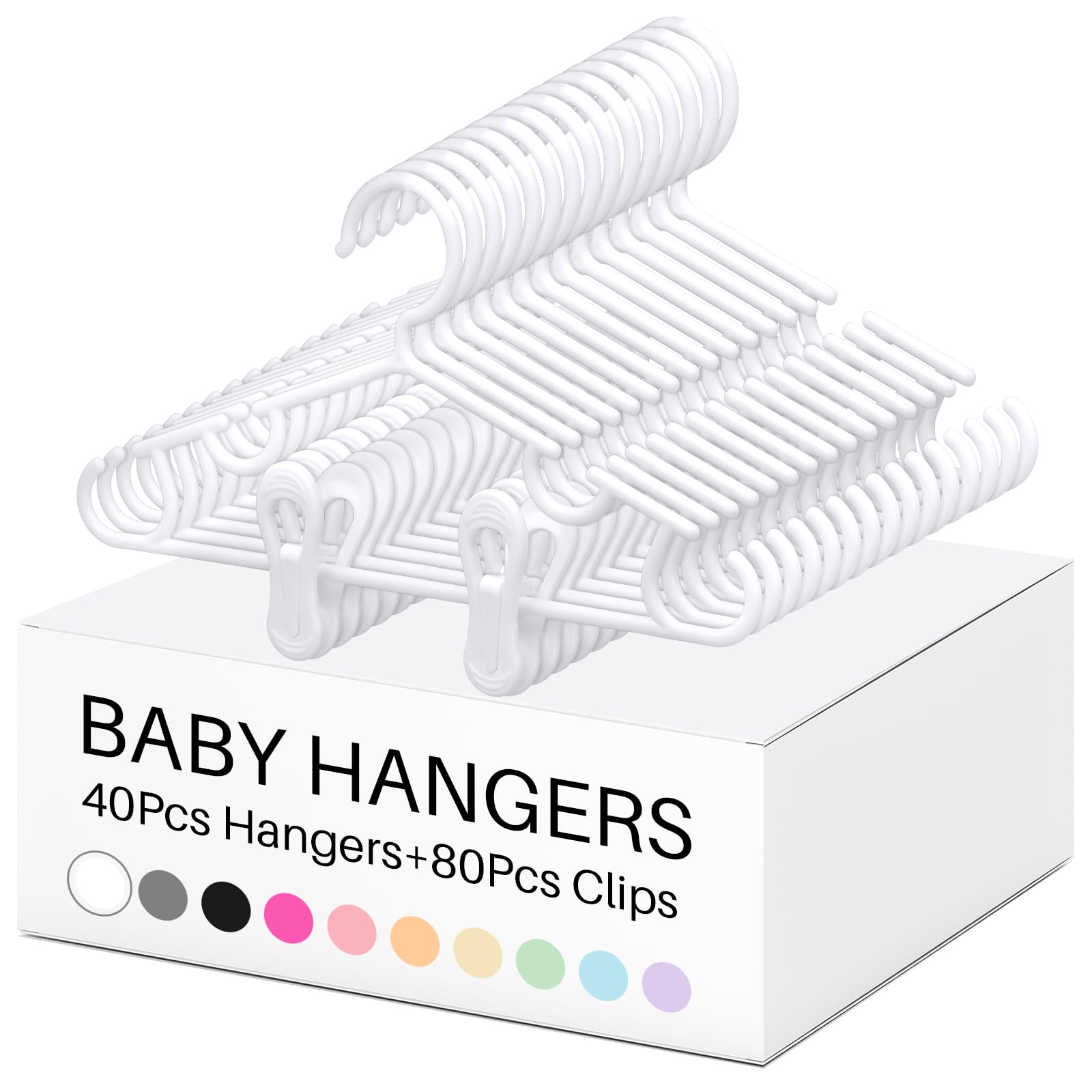 Photo 1 of Hsei Nursery Hangers with Clips for Kids Baby Pants Hangers 10/20/40 Newborn Plastic Hanger with 20/40/80 Clip for Closet Toddler Clothes Coat Skirts Socks(White,120 Packs)