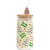 Joyseller Christmas Gift Glass Cup, Christmas Iced Coffee Tumbler with Festive Holiday Tree Cakes Design, 18oz Reusable Beer Can Drinking Glass for Holiday Tea & Winter Beverages