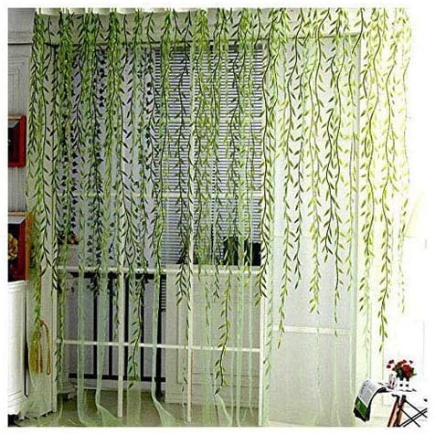 Amazon Com Broshan Tulle Window Curtain 1 Panel Nature Weeping Leaves Pattern Sheer Curtain Drapes Rod Pocket For Living Room Bedroom Voile Window Treatments Green Extra Long Kitchen Dining