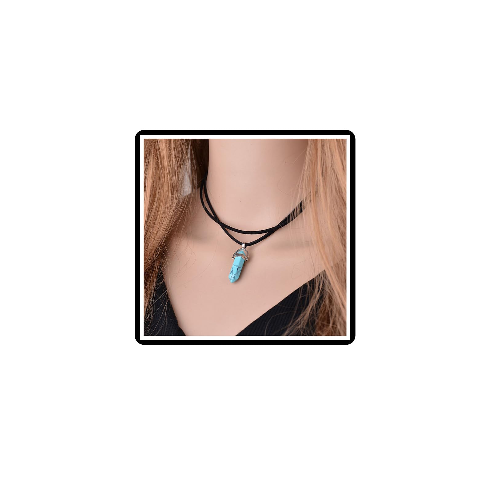 Turquoise Leather Pendant Necklace Hexagonal Column Crystal Healing Stone Choker Necklace Jewelry for Women Girls Teens (Blue)