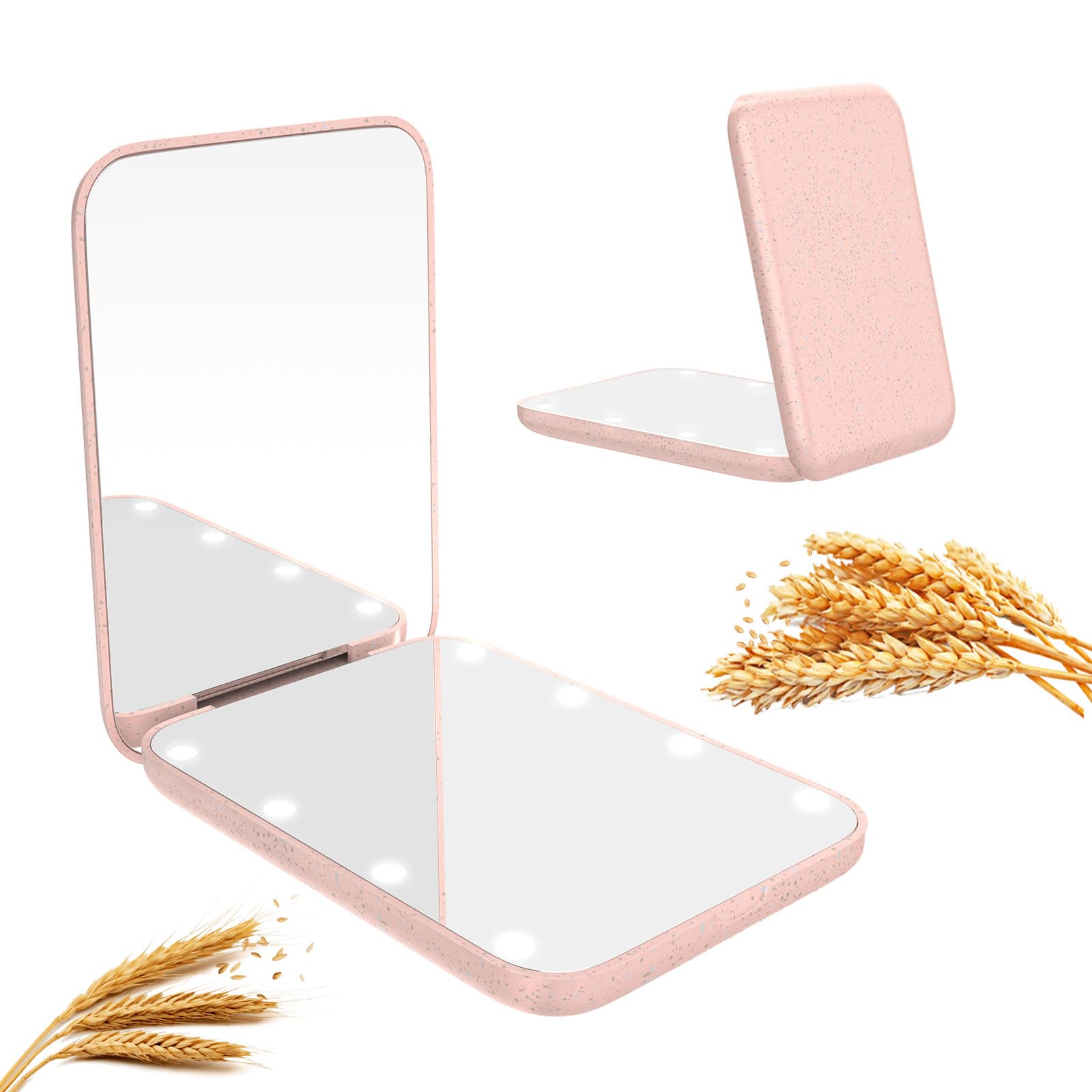 WOBSION Compact Mirror, Small Makeup Mirror with Light for Travel, LED Pocket Mirrors for Purse and Handbag, Natural Wheat Straw Fiber Handheld Mirrors, Gifts for Women, Pink