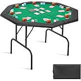 VEVOR Foldable Poker Table, 8 Player 48 in Folding Casino Leisure Table with Padded Rails & Cup Holders, Octagonal Portable G