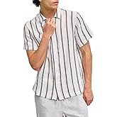 Amazhiyu Men's 100% Linen Summer Casual Short Sleeve Striped Button Down Shirt