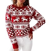 Christmas Sweaters for Women Crew Neck Cute Snowflake Reindeer Heart Pattern Trendy Pullover Knitted Sweater