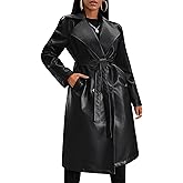 Gudasuo Leather Jacket Women Trench Coat Long Loose Button Lined Jacket Open Front Faux Motorcycle Coat with Belt