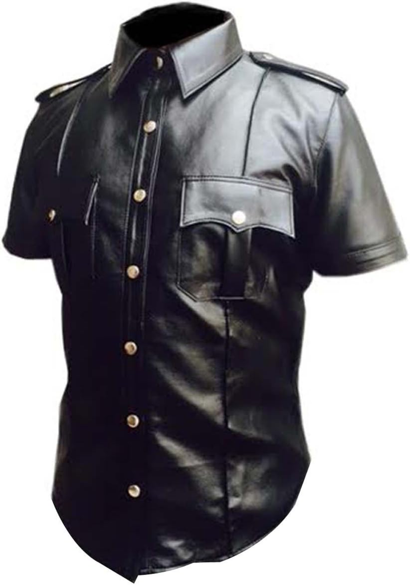Real Leather Mens Black Sheep Cow Leather Police Real Uniform Shirt BLUF Gay Mens Shirt Hot Lamb Leather