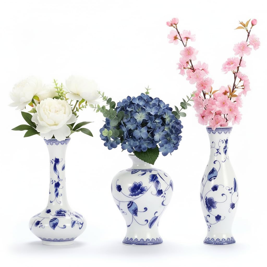 Photo 1 of **MISSING ONE**
LoveCat Chinese Ceramic Vase Set - Small Blue and White Porcelain Vases, Fambe Glaze Porcelain Vases Set of 3, Classic Ceramic Flower Vases for Home Table,Bookshelf, Cupboard Décor
