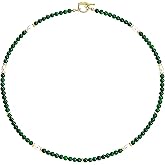 4mm Natural Green Malachite Beaded Choker Necklace for Women, 18K Gold Plated Beads & Pearls, Minimalist Boho Healing Crystal Jewelry, 16.5'' Gift Necklace