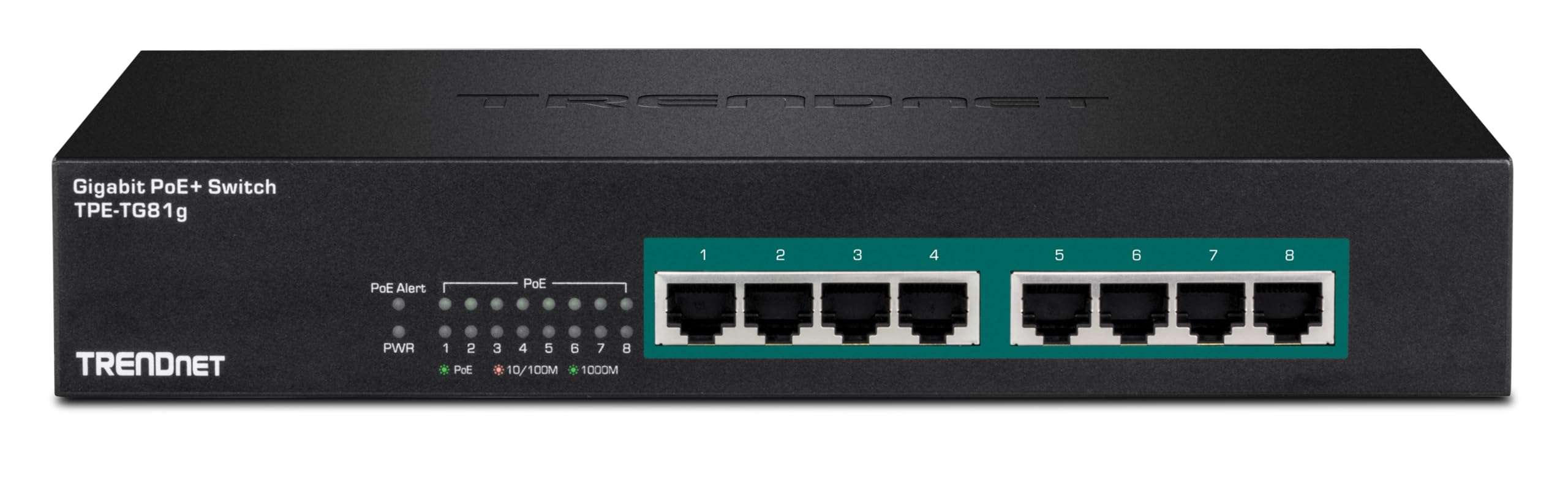 TRENDnet 8-Port Gigabit GREENnet PoE+ Switch, TPE-TG81g, 8 x Gigabit PoE+ Ports, Rack Mountable, Up to 30 W Per Port with 110 W Total Power Budget, Ethernet Network Switch, Metal, Lifetime Protection
