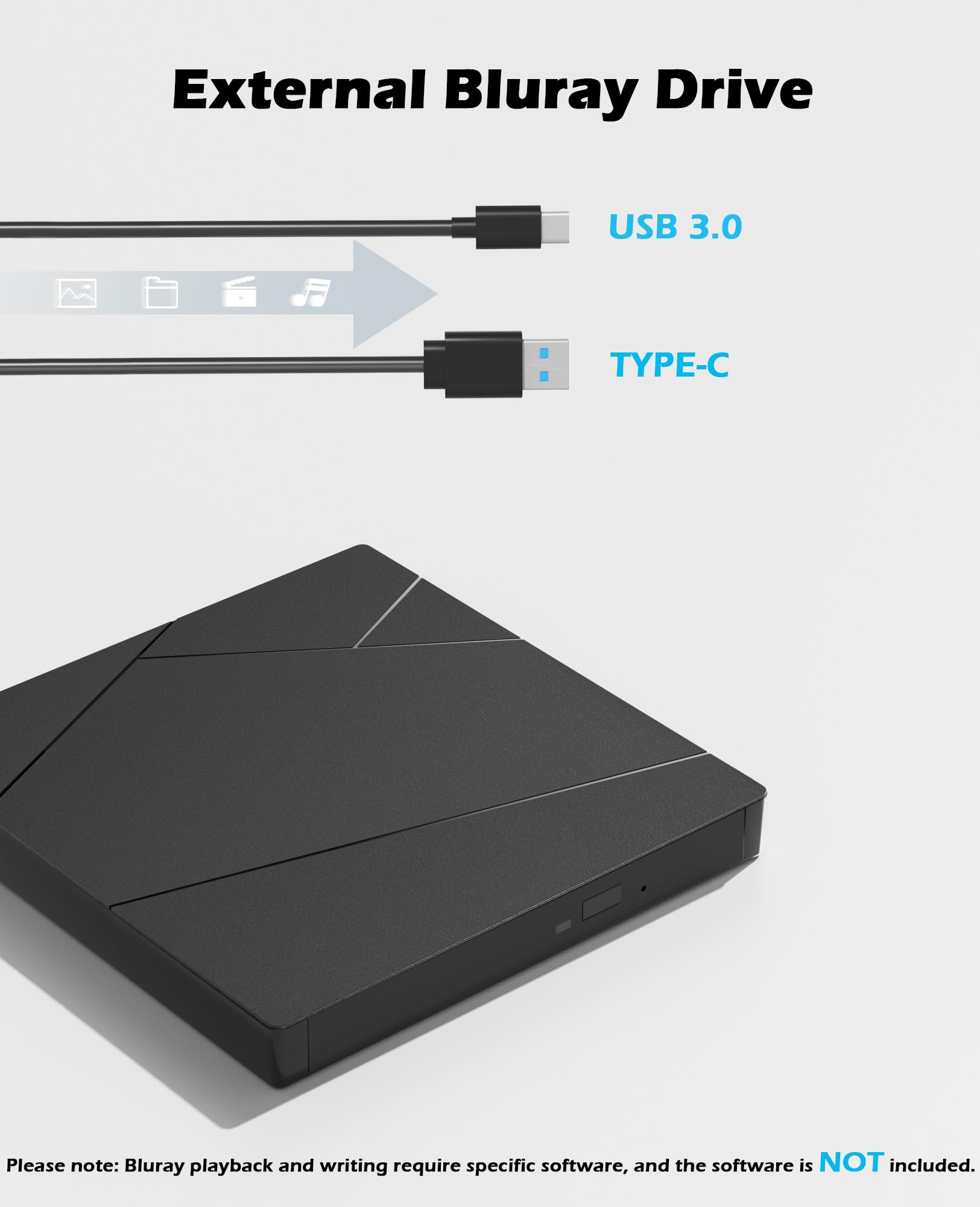 Wbacon External Blu-ray Drive, External Blueray/DVD Drive for PC External Bluray Burner with Extension Data Cable USB 3.0 Type-C Compatible with Windows/MacOS/Linux Laptop Desktop