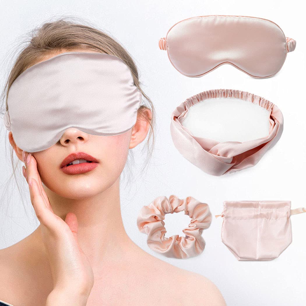 IYOU Silk Sleep Masks Set with Headbands and Hair Scrunchies Champagne Eye Cover Mulberry Silk Travel Nap Blackout Sleeping Eye Mask for Women and Girls