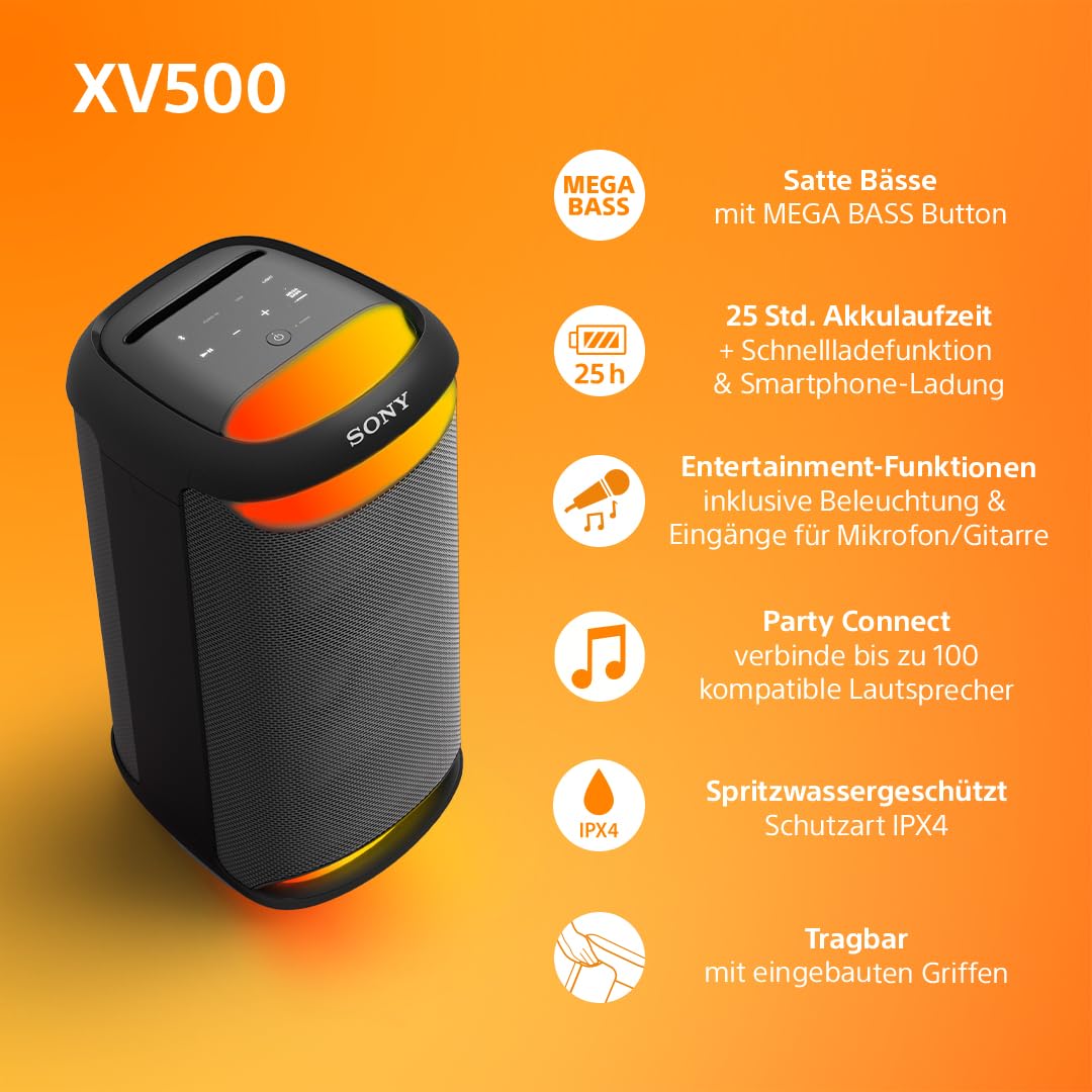Sony SRS-XV500 - Kabelloser Bluetooth-Partylautsprecher mit kraftvollem Sound und MEGA BASS - 25 Stunden Akkulaufzeit, tragbar, LED-Beleuchtung, Party Connect, IPX4, Karaoke-Mikrofoneingänge - Schwarz 7