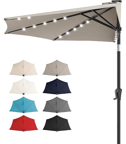 FLAME&SHADE 9 ft Solar Half Patio Umbrella with Lights, Aqua Blue