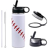 18 oz Baseball Water Bottle, Sports Flask Metal Travel Tumbler with 2 Lids, Stainless Steel Double Wall Vacuum Insulated Leak Proof Thermo Water Bottles, Baseball Accessories Gifts for Mom Boys Girls