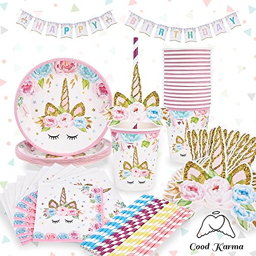 Magical Unicorn Party Supplies Set Plus Bonus Happy Birthday Banner for 16 People - Girls' Unicorn Birthday Party Supplies - Unicorn Party - Unicorn Party Decorations - by Good Karma Party Supplies