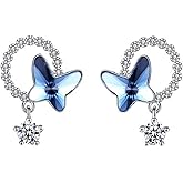Bellitia Jewelry 925 Sterling Silver Butterfly Pendant Necklace/Stud Earrings for Women, Crystal Butterfly Motif Jewelry Set for Her
