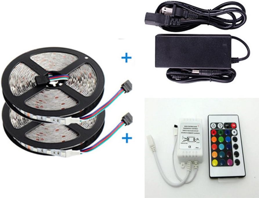TonLong 12V RGB Multi-Color 32FT/10M SMD3258 LED Flexible Ribbon Waterproof 600 LED Strip Lighting Kit 12V+24keys Remote Control&12V 5A Power Supply Adapter