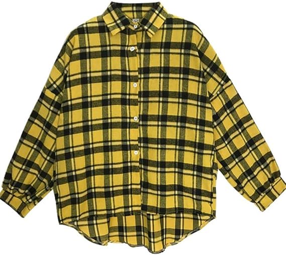 Amazon ベィジャン レディース 長袖シャツ チェック柄 開襟 ブラウス かわいい ゆったり 人気 アウター ファッション 春秋 おしゃれ イエロー シャツ ブラウス 通販