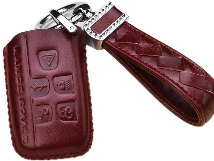 Genuine Leather Car Remote Key Fob Case Holder Cover Shell with Diamond Braided Key Chain & Key Rings Fit for Land Rover/Discovery 4/lr4/Range Rover/Evoque Smart Key Auto Accessories Gifts in Wine Red