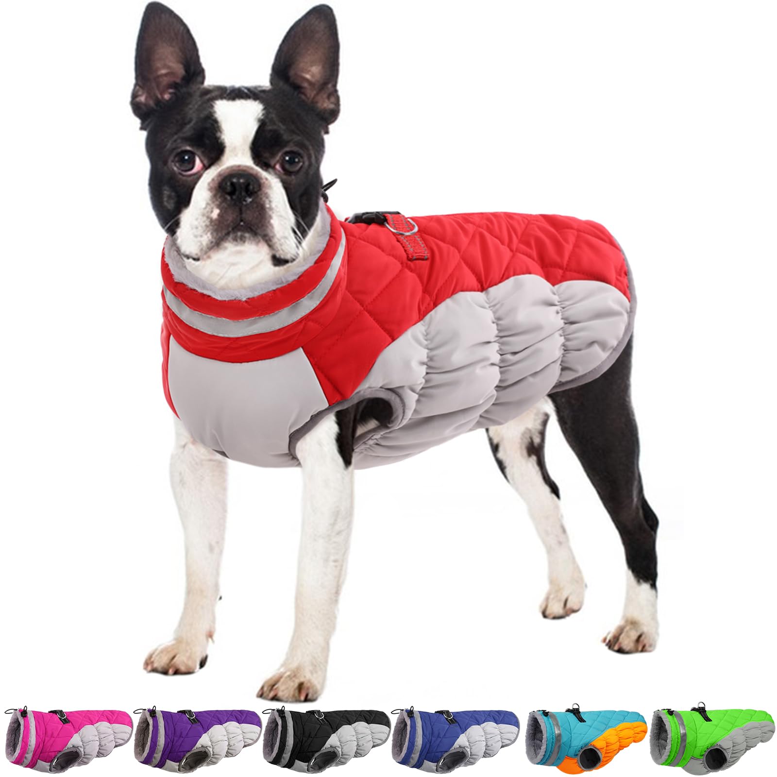 OUOBOB Dog Coat - Winter Jacket with Harness, Waterproof & Reflective, Windproof & Puffer, Red, L