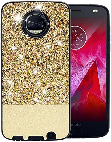 Topnow Moto Z2 Force Case for Girls Women, Luxury Glitter Bling Cute Design [PC Silicone Hard Leather] Dual Layer Protective Phone Case for Motorola Z2 Force Droid(2017) -Gold