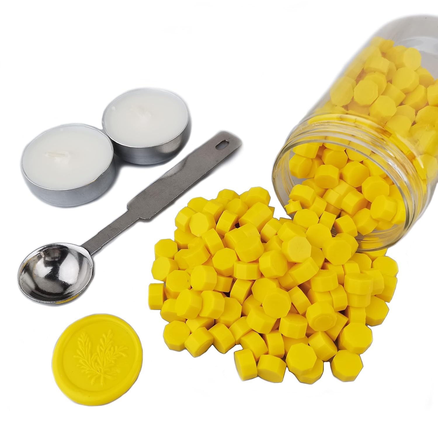 Sealing Wax Beads, AMTOL 300 Pcs Wax Sealing Beads with 2 Pcs White Candles and 1 Pcs Wax Melting Spoon, Great for Wedding Invitations,Cards Envelopes, Gift Wrapping (Yellow)