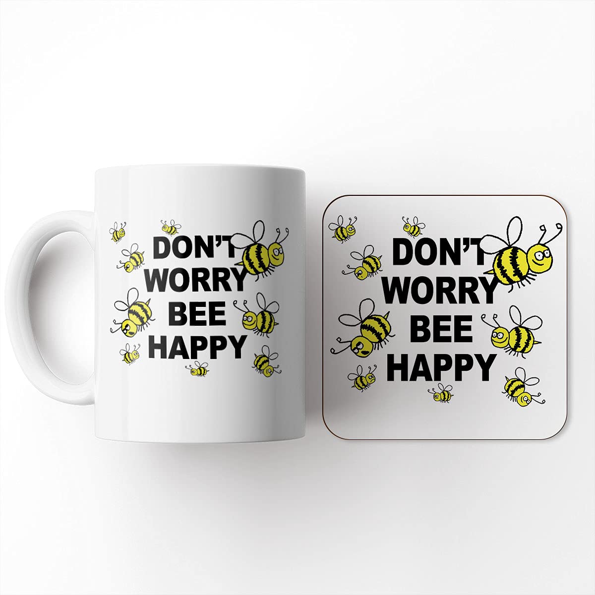 The Victorian Printing Co - Don't Worry Bee Happy - Mug and Coaster Set, Ceramic, 11 fl. oz.