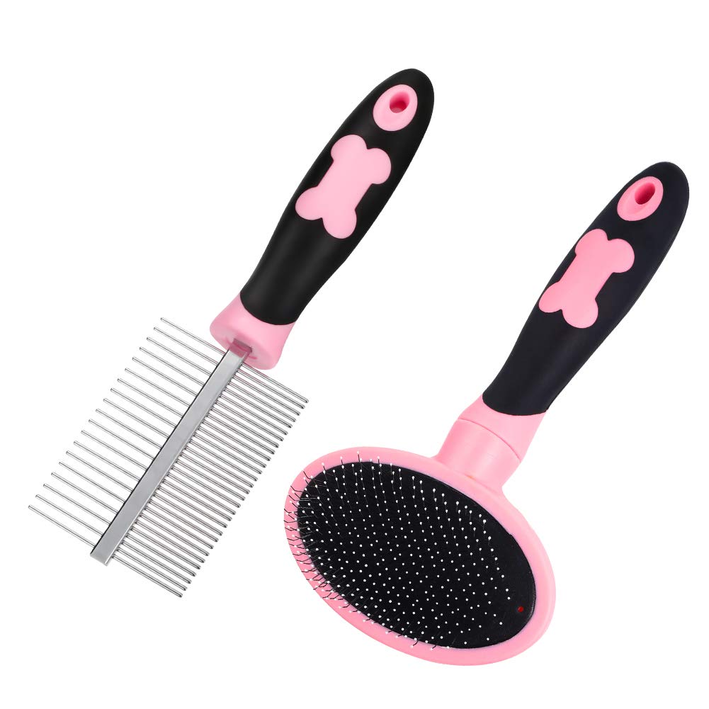tonyg-p Dog Grooming Brush Comb Kit, Soft Slicker Brush + Double Sided Grooming Comb for Small Medium Large Pets with Long Hair (Pink)
