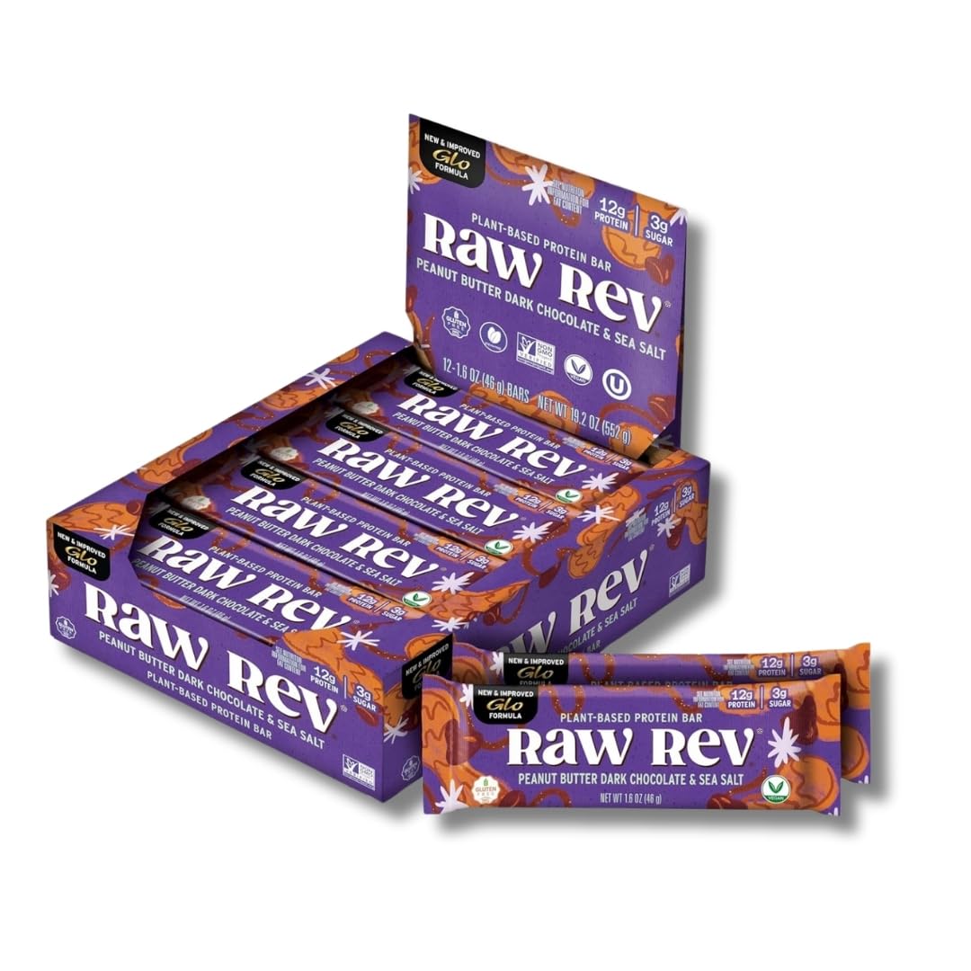 Raw Rev Vegan Protein Bars- Peanut Butter Dark Chocolate & Sea Salt, 12 bars, Non-GMO, Plastic-Neutral, Nothing Artificial, Glo Formula, Gluten-Free, Keto-Friendly, Paleo, Kosher, No Sugar Alcohols, No Stevia
