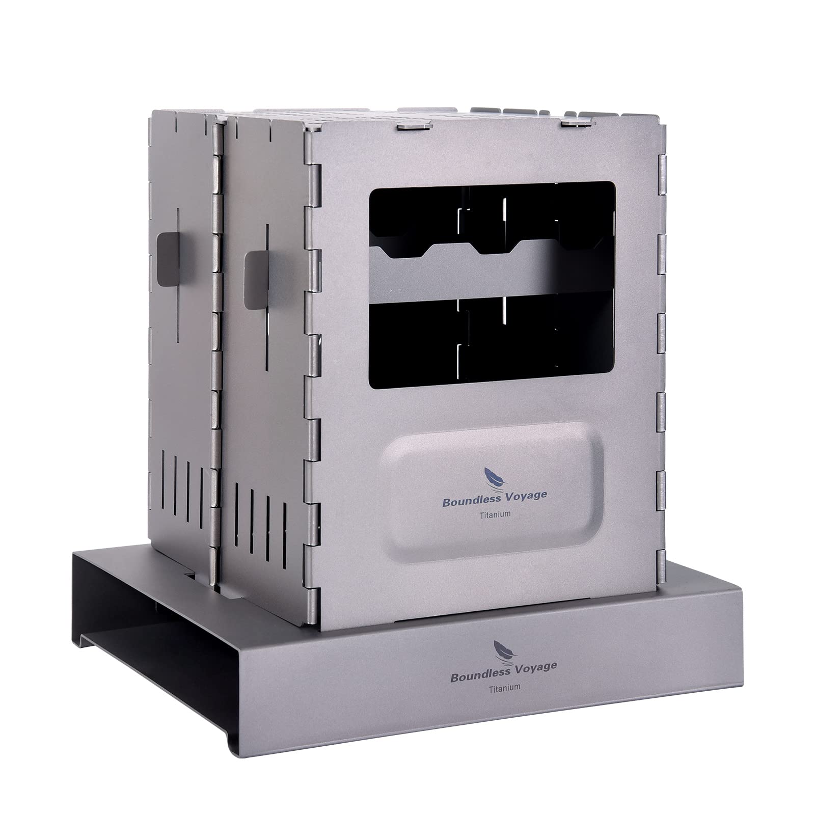 iBasingo Titanium Camping Stove Outdoor Backpacking Wood Burner with Grill & Pot Bracket, Portable Foldable Alcohol/Solid Fuel Heater, Lightweight 590g Stormproof Cookware for Hiking with Bag Ti2010C