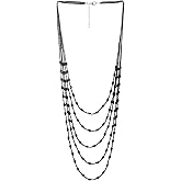 COOLSTEELANDBEYOND Oval Beads Statement Necklace Multi-Strand Long Chains with Crystal Charm Pendant