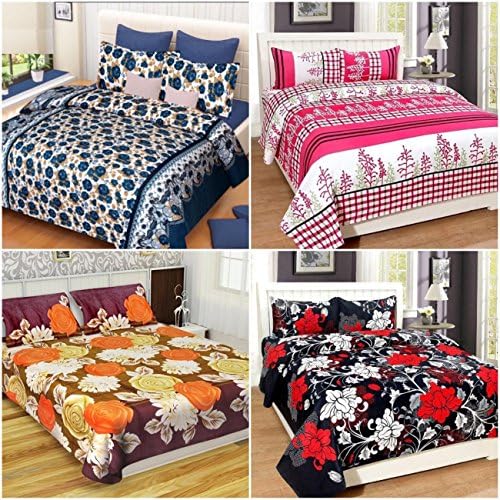 Akshya 140 TC Polycotton 4 Double Bedsheet with 8 Pillow Covers - Queen, Multicolour