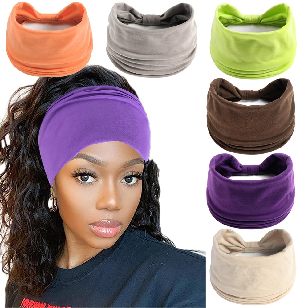 6Pcs Headbands for Women Wide Knotted Turban Bandana Boho Head Scarfs Wraps Yoga Hairbands Fabric Elastic Headband Sport Running Headscarves (purple hairband) — image 1