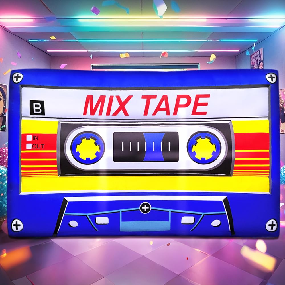 Photo 1 of 80's 90's Party Decoration 5FT Inflatable Magnetic Tape Party Decorations, Blow up LED Lights Favors, for 80s 90s Hip Hop, Birthday, Music, Disco Retro