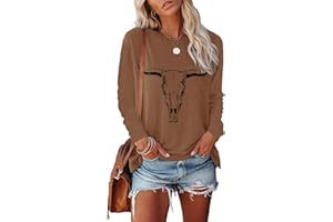 OUMASK Women's Western Cowgirl Long Sleeve Shirts Vintage Country Music Fall T-Shirt Hiking Travel Sweatshirt Tees Tops