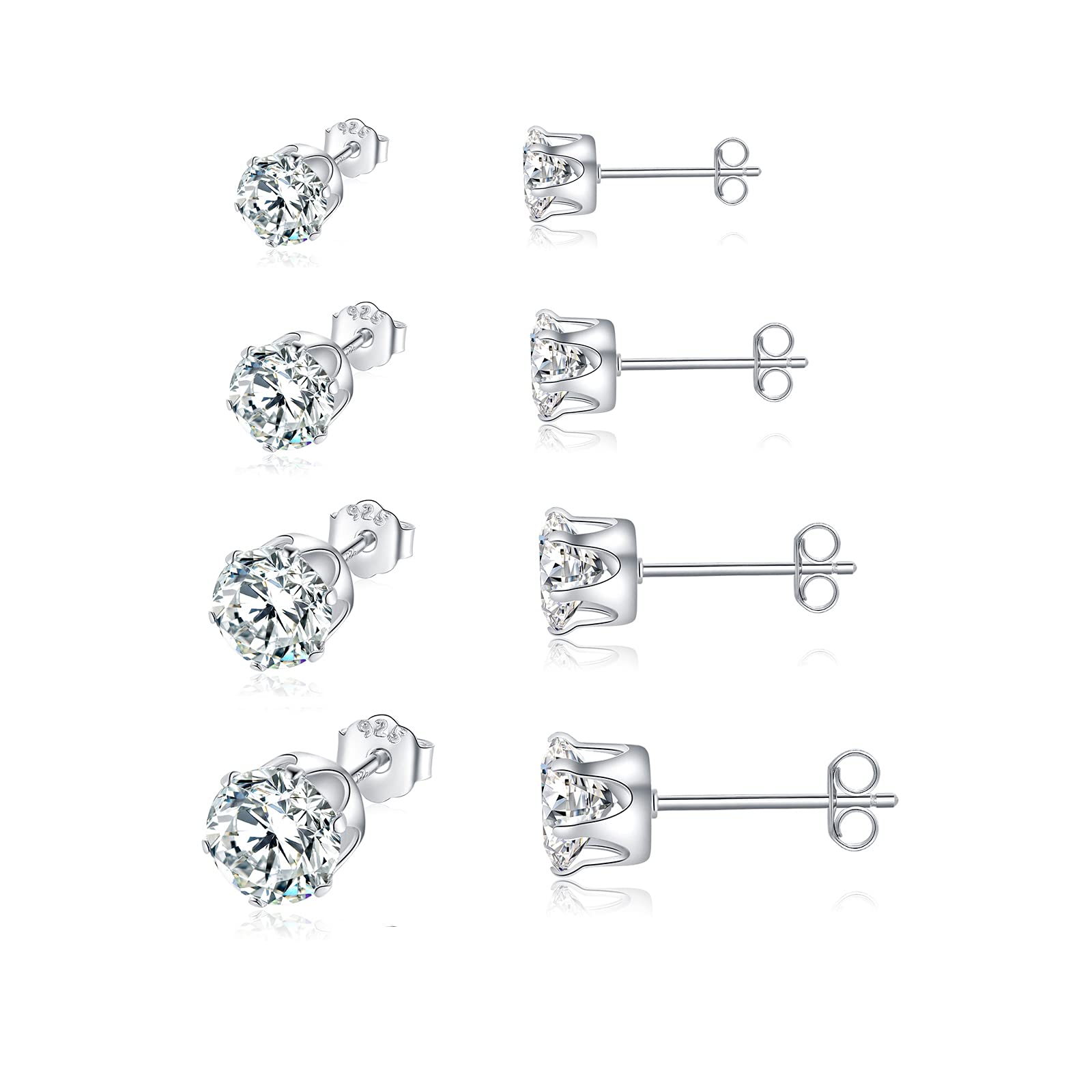 Shuxin Silver Stud Earrings for Women, 925 Sterling Silver Cubic Zirconia Stud Earrings Set, Tiny Small Sleeper Cartilage Studs, Sterling Silver Stud Earrings for Women Men Girls, 3/4 / 5 / 6mm