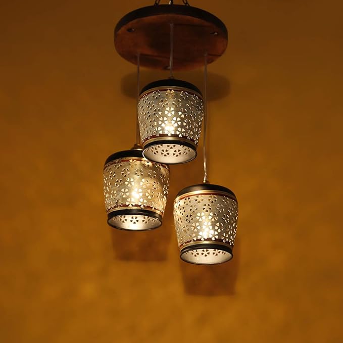 ExclusiveLane Barrel Shaped Chandelier with Metal Hanging Lamp Shades In Gleaming Golden (3 Shades)