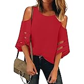 LookbookStore Women's Cold Shoulder Loose Shirt Tops 3/4 Bell Mesh Sleeve Blouse