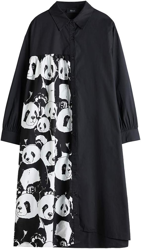 Amazon Co Jp スーイ シャツワンピース ロングシャツ 膝丈 パンダ柄シャツ プリント レディース チュニック デート アシンメトリー 文芸風 アウター 個性 体型カバー ゆったり 長袖ワンピース オールシーズン ブラック ｆ 服 ファッション小物