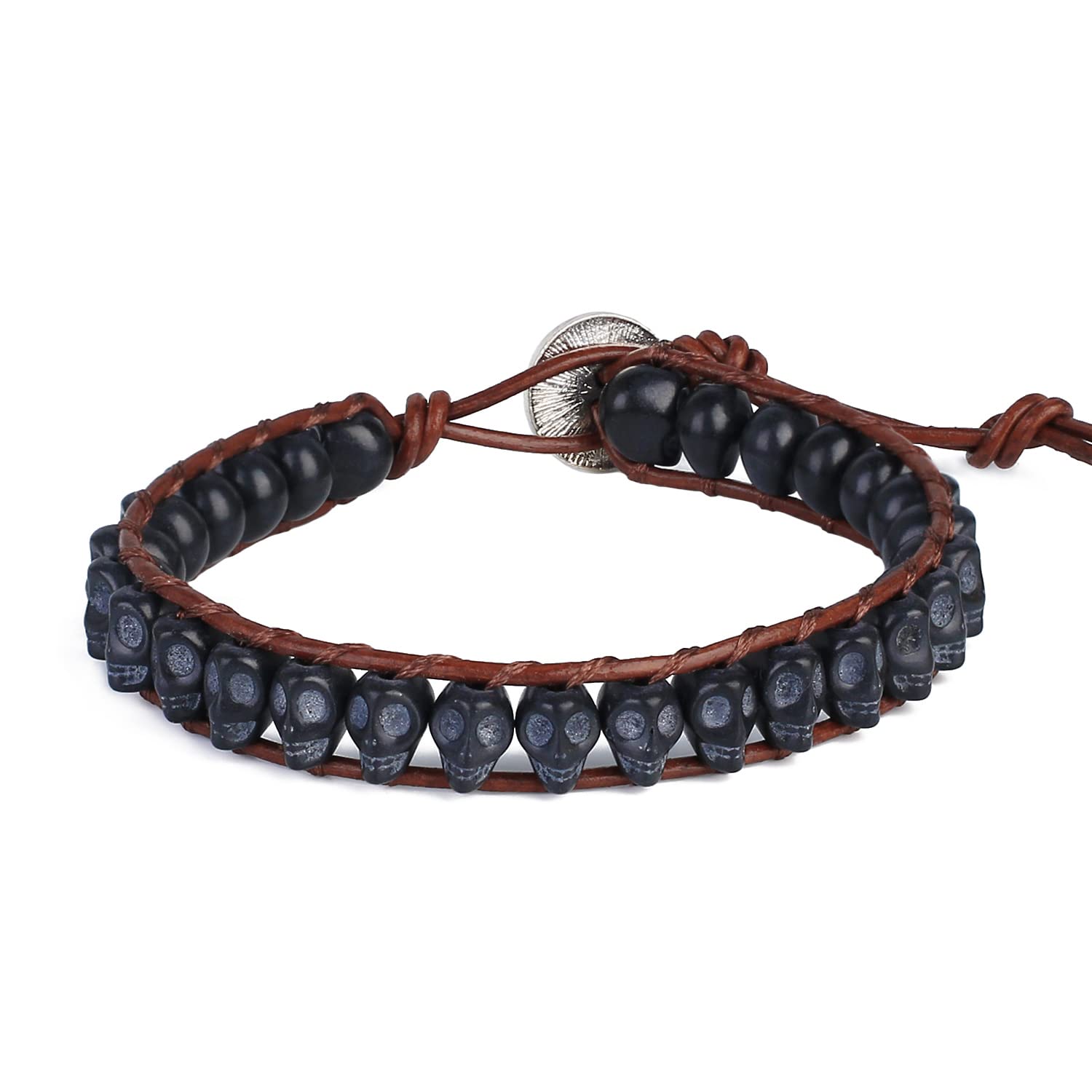 KELITCH Black Turquoise Beaded Bracelets Single Wrap Bracelet Black Skull Bracelet for Men (Skull 2B)