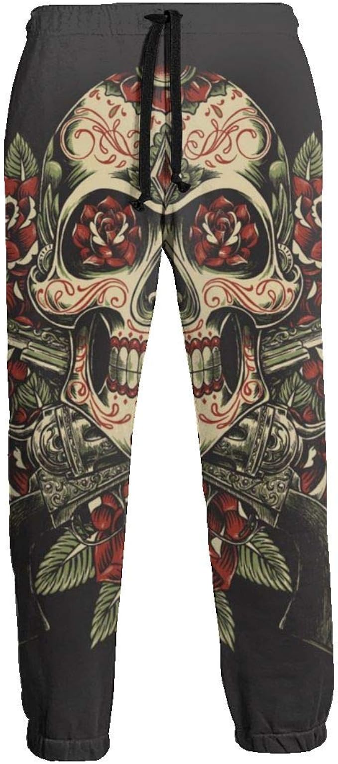 Mens Casual Jogger Pants Dead Skull with Roses Trousers Baggy