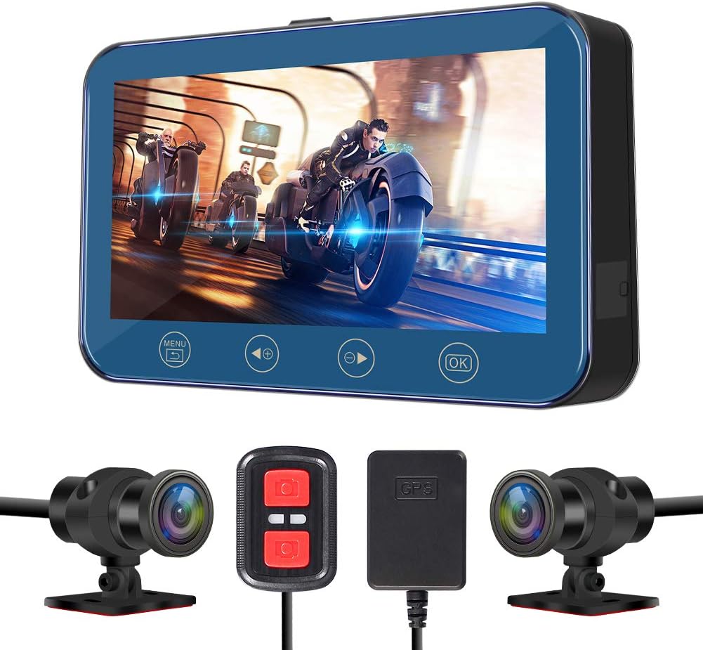 VSYSTO Motorcycle Dash Cam 4.5 inch Motorcycle Dual Camera 170° Angle Front and Rear Both 1080P WiFi Support, with GPS,Wireless Controller,Screen Voltage Show,Mountain Bike Camera Handlebar+64GB Card